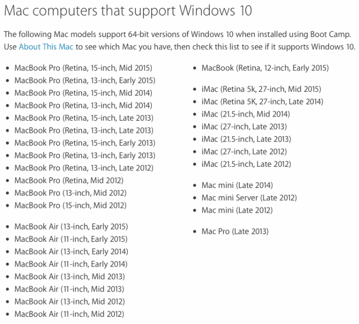 Boot Camp 6 Supported Macs