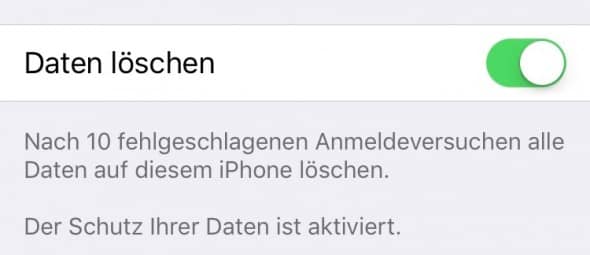 Wenn aktiviert, löscht das iPhone nach 10 Fehlversuchen alle Daten.