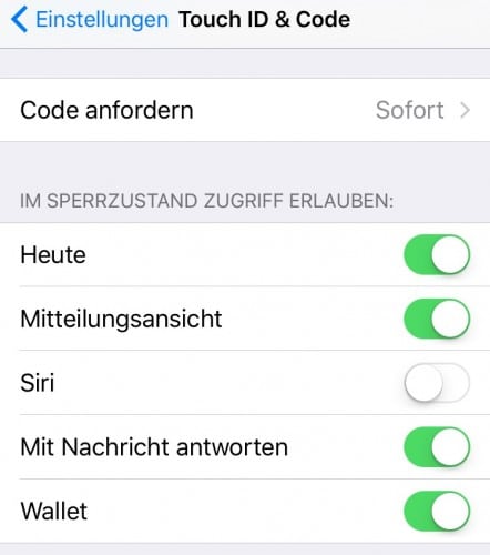 Hier kann man Siri im Lockscreen komplett sperren.