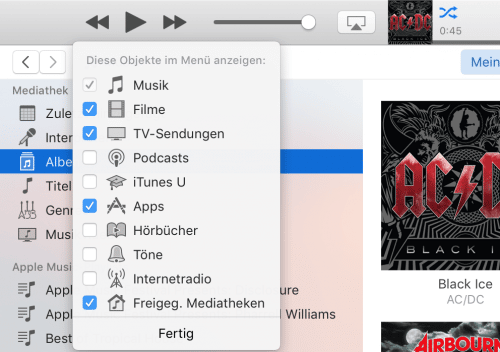 iTunes 12.4 Medienauswahl
