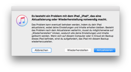 Mit dieser lapidaren Fehlermeldung meldete sich das iPad nachdem es an iTunes angeschlossen wurde.