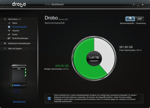 Der Füllstand des Drobo wird im Dashboard und am Gerät selbst angezeigt.