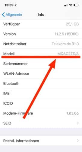 iPhone Informtionen Modellnummer