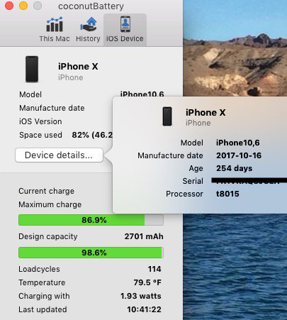iPhone X Akku gemessen mit Coconut-Battery