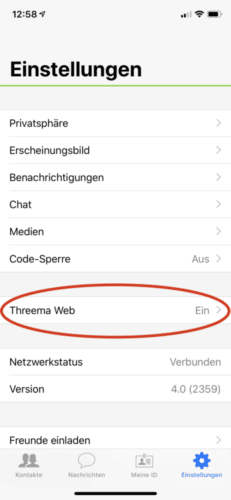 Threema-Web Menüeintrag