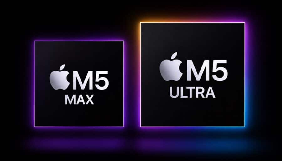 Darstellung der Apple M5 Max und M5 Ultra Chips mit farbigen Neon-Umrandungen auf schwarzem Hintergrund.