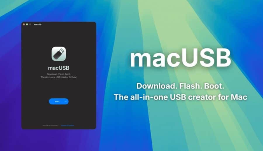 Screenshot der Benutzeroberfläche der Software macUSB vor einem blau-grünen Hintergrund.