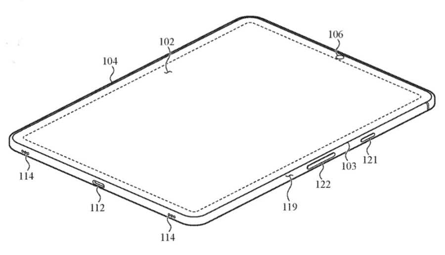Technische Zeichnung eines Tablets mit nummerierten Markierungen zur Darstellung der Kamera-Steuerung.