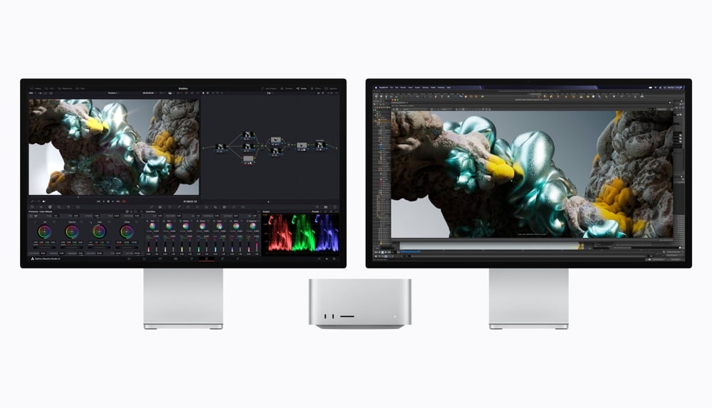 Ein Apple Mac Studio mit zwei Monitoren, auf denen DaVinci Resolve Studio sowie Houdini und Maxon Redshift zur Bearbeitung einer 3D-Animation geöffnet sind.