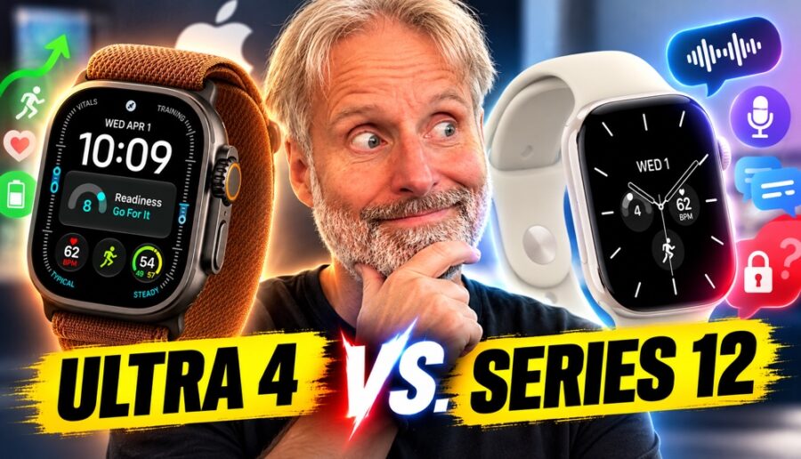 Ein Mann vergleicht eine Apple Watch Ultra 4 und eine Apple Watch Series 12.