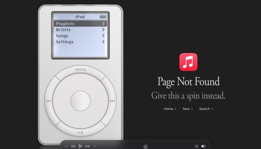 Ein weißer iPod mit einer Menüleiste und einer Fehlermeldung "Page Not Found" auf einem schwarzen Hintergrund.